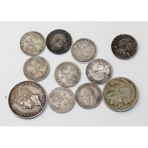 1345 - 9 silver 3d coins, George IIII Shilling and a 1935 buffalo nickel