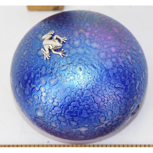 1633 - In the manner of John Ditchfield, an iridescent glass paperweight with white metal frog. Signed indi... 