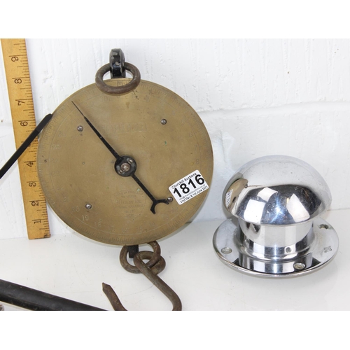 1816 - Vintage hanging scales, horse bits, Chrome boat vent and a MG Car plaque