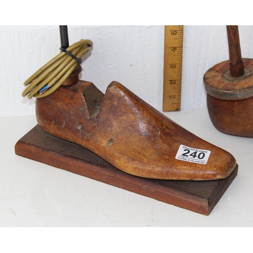 240 - 2 vintage wooden shoe lasts, one converted into a lamp