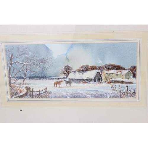 365 - Alan Robbins watercolour of a winter scene and an indistinctly signed oil on canvas of a horse and c... 