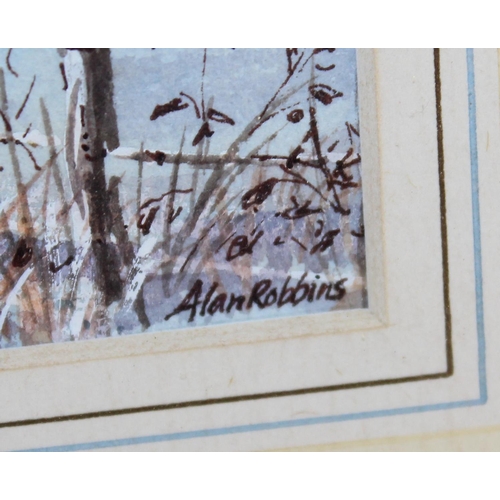 365 - Alan Robbins watercolour of a winter scene and an indistinctly signed oil on canvas of a horse and c... 