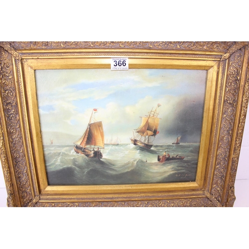 366 - An impressive gilt framed oil on canvas board of ships at sail signed G.A.Napier 1874