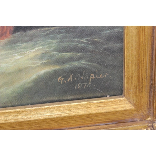 366 - An impressive gilt framed oil on canvas board of ships at sail signed G.A.Napier 1874