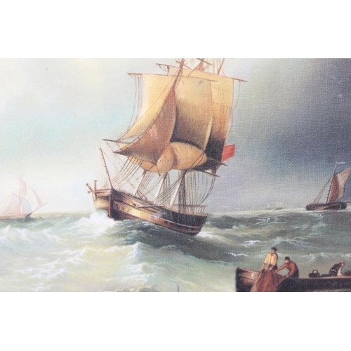 366 - An impressive gilt framed oil on canvas board of ships at sail signed G.A.Napier 1874