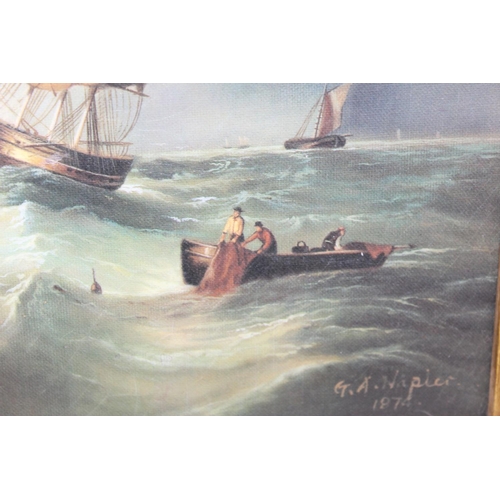 366 - An impressive gilt framed oil on canvas board of ships at sail signed G.A.Napier 1874