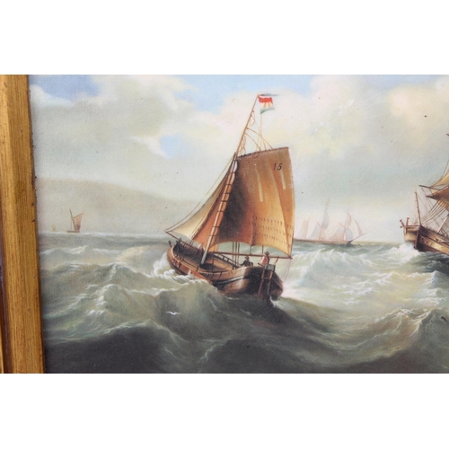 366 - An impressive gilt framed oil on canvas board of ships at sail signed G.A.Napier 1874