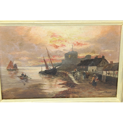 367 - A 19th century oil on canvas of a harbour signed S. Reed