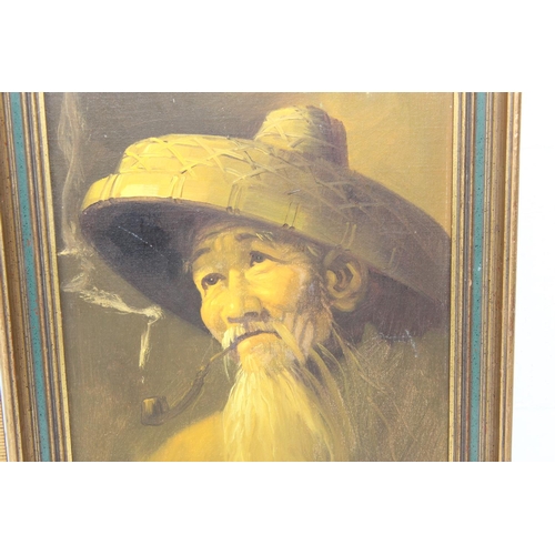 370 - Chinese school oil on canvas of a man smoking signed L. Chan