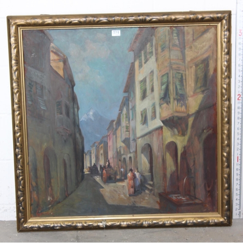 371 - German School (XIX-XX) - A large oil on board painting of Continental street scene signed indistinct... 