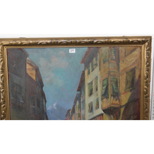 371 - German School (XIX-XX) - A large oil on board painting of Continental street scene signed indistinct... 