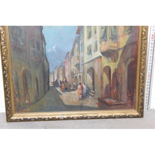 371 - German School (XIX-XX) - A large oil on board painting of Continental street scene signed indistinct... 