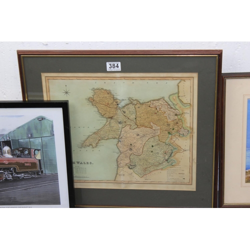 384 - Qty of pictures and prints to inc an antique map of North Wales