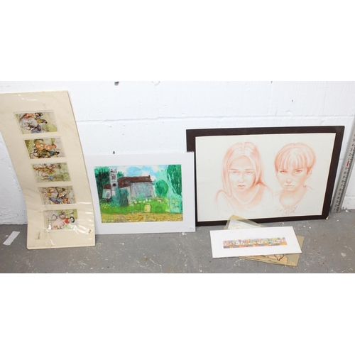 385 - Qty of unframed prints and original artworks