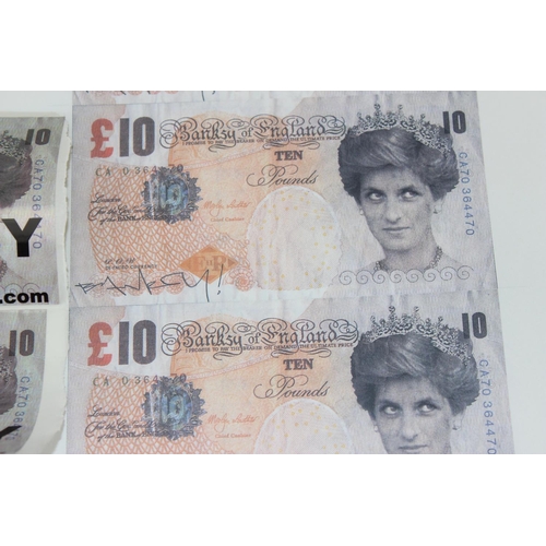 391 - A sheet of printed Di-Faced £10 notes in the manner of Banksy and 2 other similar marked docoBANKSY