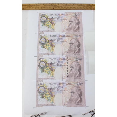 391 - A sheet of printed Di-Faced £10 notes in the manner of Banksy and 2 other similar marked docoBANKSY