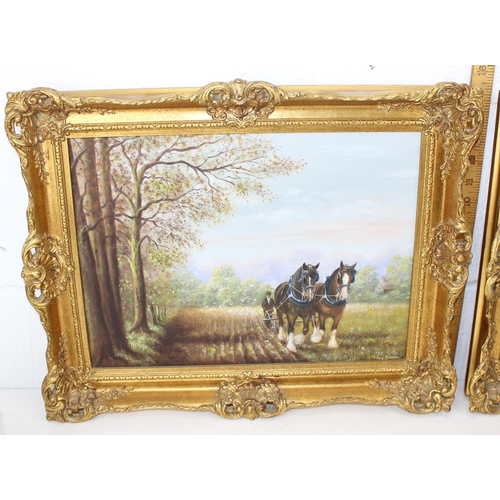 393 - Reg Brown, a pair of 20th Century oil on canvas paintings depicting Shire horses at work - both in a... 