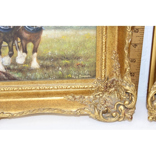 393 - Reg Brown, a pair of 20th Century oil on canvas paintings depicting Shire horses at work - both in a... 