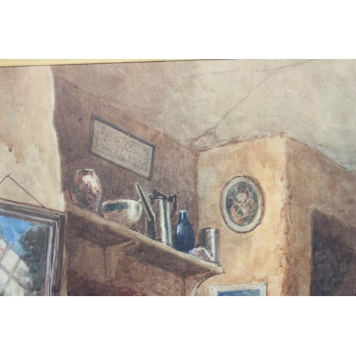 396 - Antique watercolour of the interior of a Cornish cottage - signed indistinctly