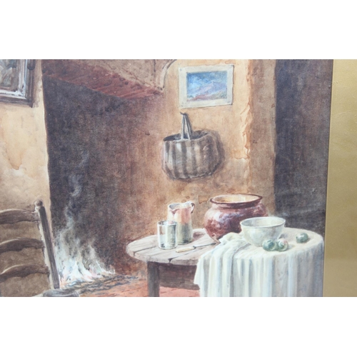 396 - Antique watercolour of the interior of a Cornish cottage - signed indistinctly