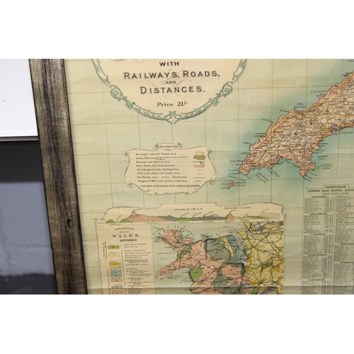 402 - Bacon's Excelsior map of Wales, framed and glazed antique map published by Bacon, 107 x 80 cm