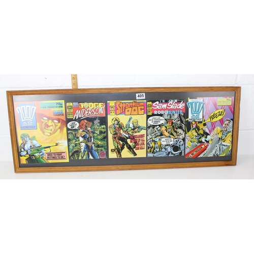 405 - Five vintage 2000 AD comic front covers, framed and glazed (103 x 37 cm)