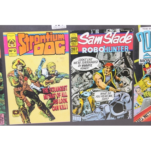 405 - Five vintage 2000 AD comic front covers, framed and glazed (103 x 37 cm)