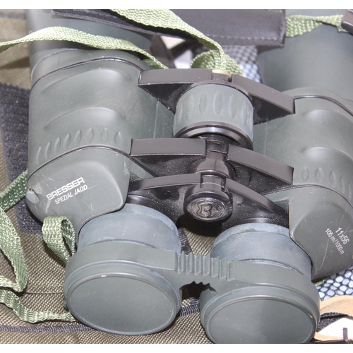 642 - Pair of Bresser binoculars in case and an unusual Soviet ear Russian telescope