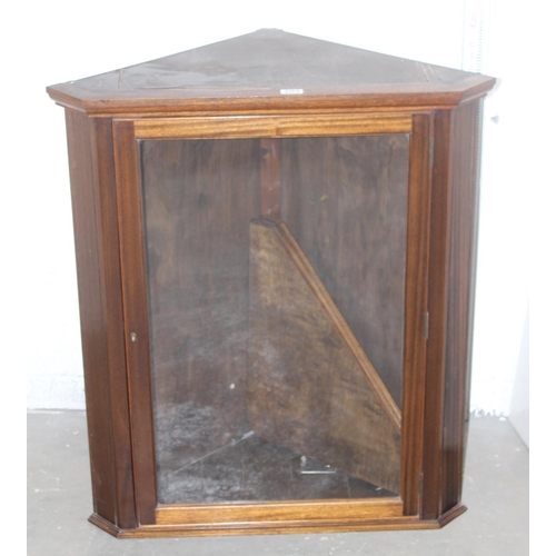 103 - Vintage glazed wall-hanging corner cabinet with key