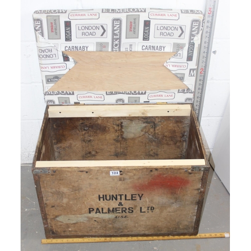 104 - Vintage Huntly & Palmers wooden crate with later upholstered-top