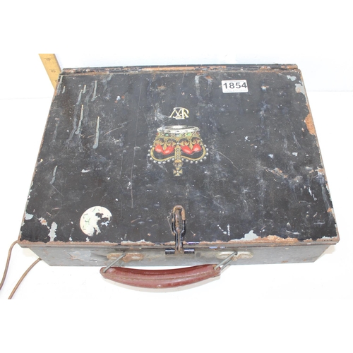 1854 - An antique painted metal art box with crest and a qty of artists materials