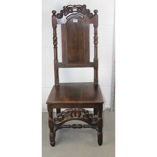 97 - Antique Oak high-backed carved chair believed to be 17th Century