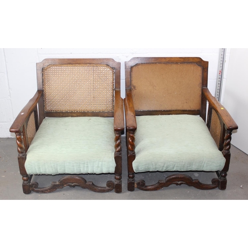 29 - An Art Deco period Jacobean style oak framed sofa and 2 armchairs with Bergere panels