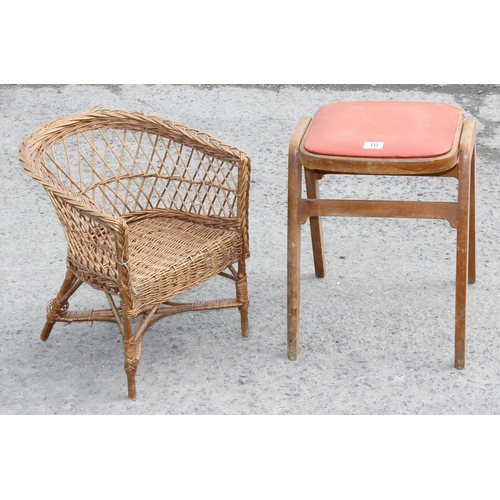 188 - A vintage wooden stool and a wicker chair