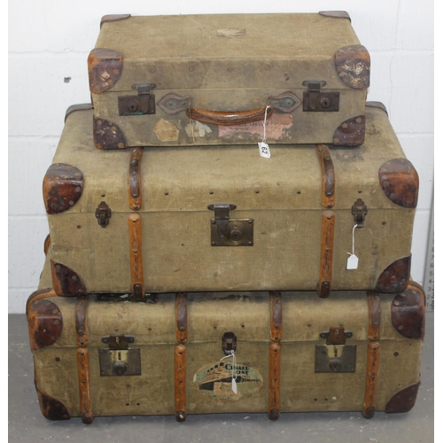 190 - A set of 3 matched travelling trunks/ suitcases marked 