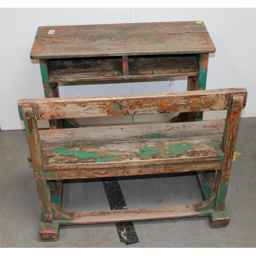 193 - A vintage hardwood school bench and desk