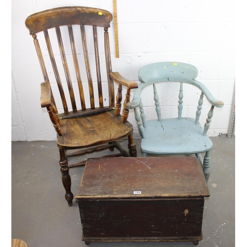 104 - Antique Windsor chair, painted smokers bow chair and a vintage box