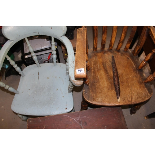 104 - Antique Windsor chair, painted smokers bow chair and a vintage box