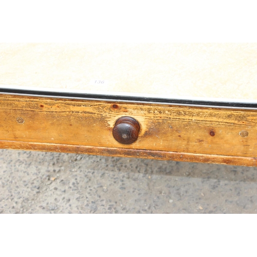 136 - A large Victorian pine kitchen table with 2 drawers and a later formica top