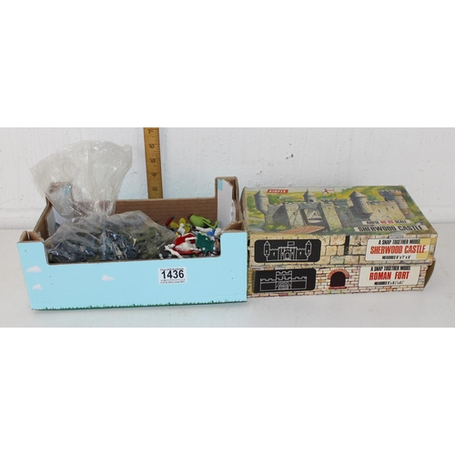 1436 - 2 Airfix castle kits and a box of toy soldiers etc