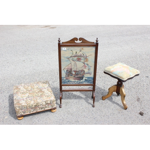 33 - Ship tapestry fire screen, an American made stool and one other stool