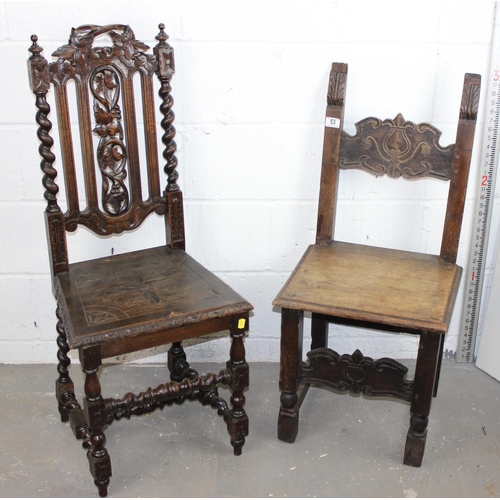 53 - A Jacobean style chair, likely 19th century and another unusual antique chair