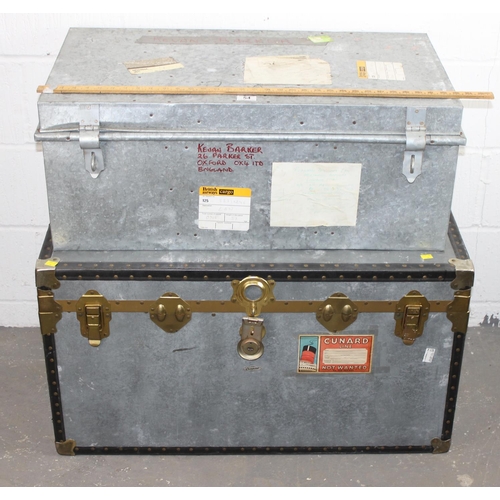 54 - 2 vintage aluminium trunks, one with Cunard label