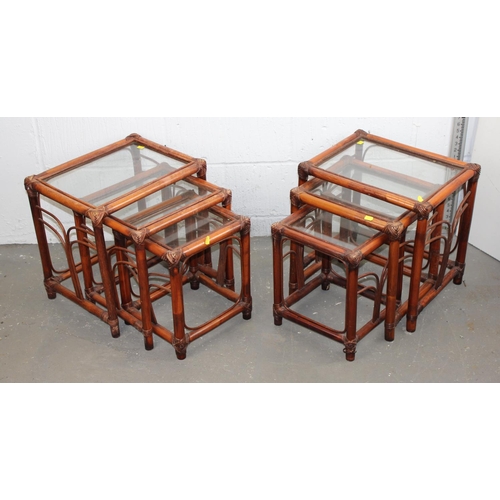 56 - 2 sets of vintage bamboo and glass nests of tables