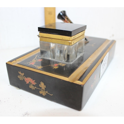 1603 - An early 20th century Japanese lacquer desk stand with inkwell and pen holder