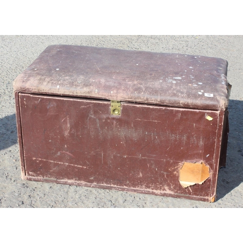 18 - Leather covered pine box with 3 linen press type shelves