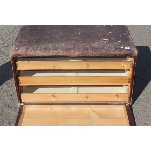 18 - Leather covered pine box with 3 linen press type shelves