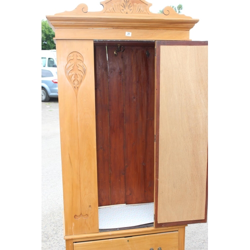 29 - Pine wardrobe with mirror door, drawer & carved details