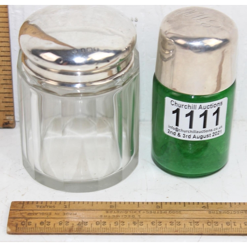 1111 - 2 silver topped glass jars, one with unusual green glass base