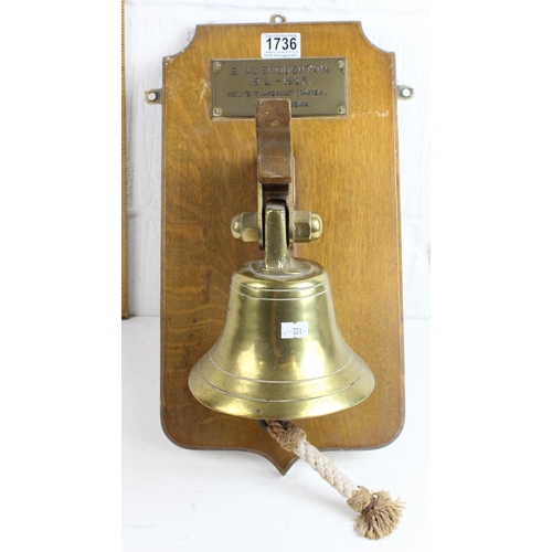 1736 - Brass ship's bell on oak plaque, marked S.W. Broughton 1912-1955, Holt's Transport Limited, Warri, N... 